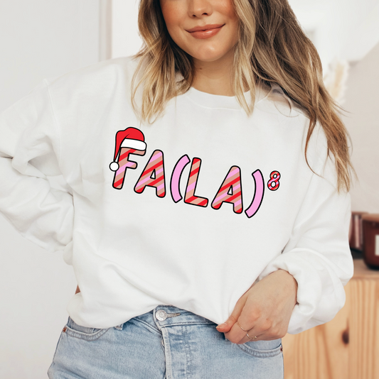 A woman wearing a white sweatshirt with the text "FA(LA)8" printed on it.