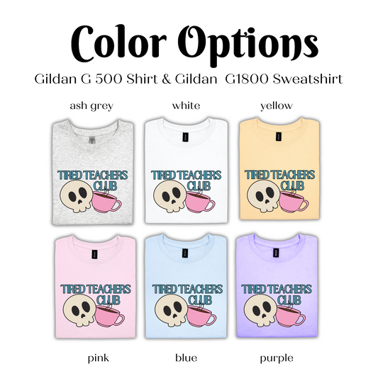 Color options for a Gildan G1800 sweatshirt, including a grey, white, yellow, ash grey, white, and purple shirt.