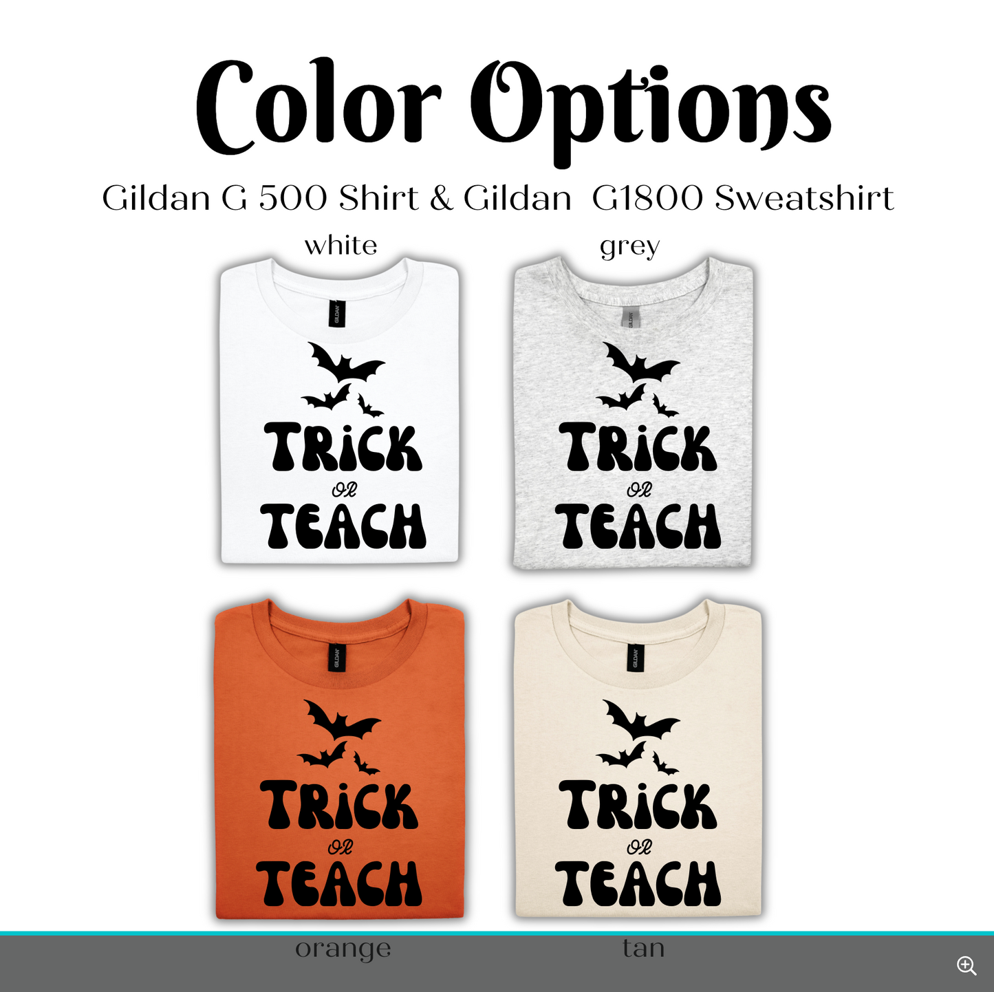 Color options for a Gildan G 500 Shirt & Gildan G1800 Sweatshirt, including white, grey, orange, and tan.