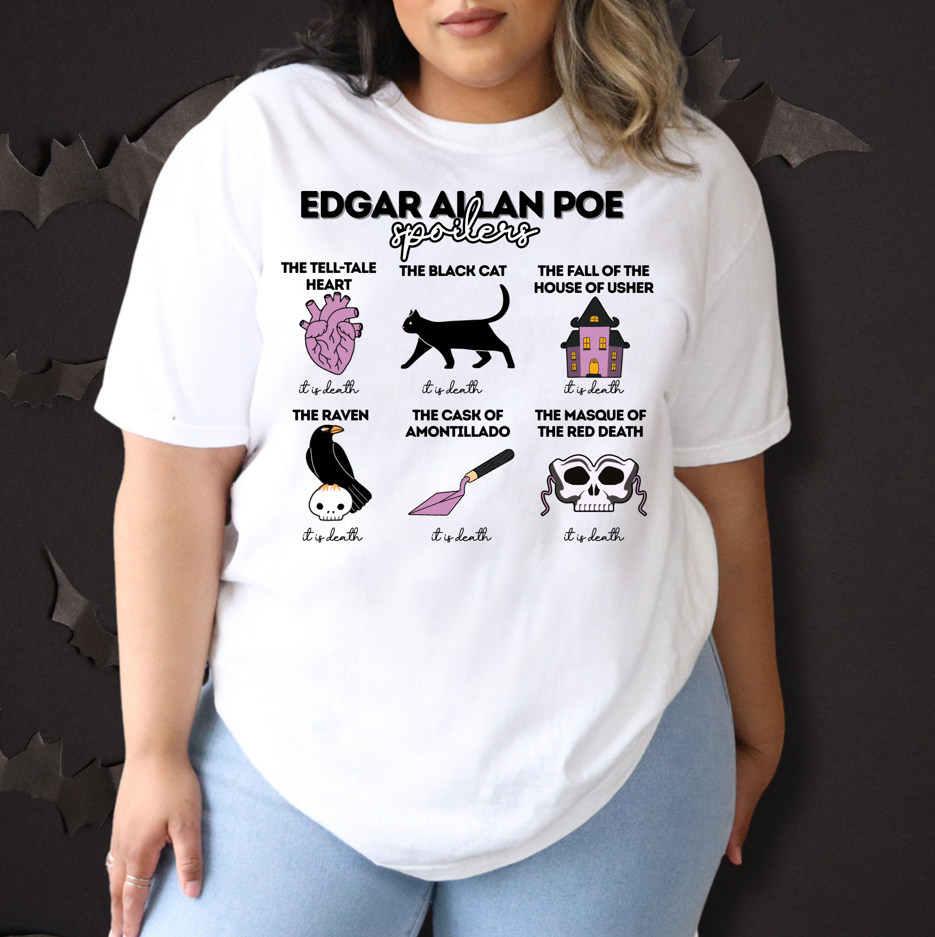 The image is a white t-shirt with a graphic design featuring illustrations and text related to Edgar Allan Poe's works.