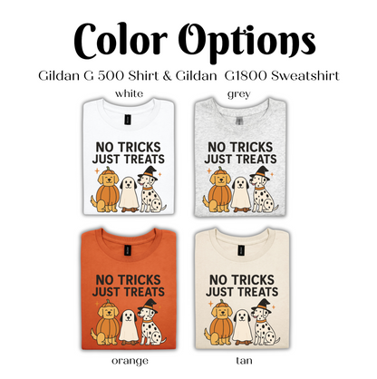 Color options for a Gildan G 500 Shirt and Gildan G1800 Sweatshirt, featuring a t-shirt design with a dog and the text "NO TRICKS JUST TREATS".