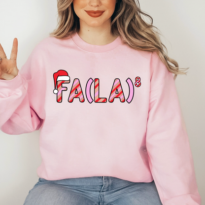 A woman wearing a pink sweatshirt with the text "FA(LALA)" printed on it.