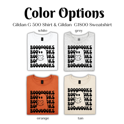 Color options for a Gildan G 500 Shirt and G1800 Sweatshirt, featuring a ghost design.